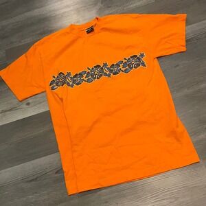 Vintage ODM Orange Hibiscus Floral Wrap Graphic T-Shirt Mens Large reflective